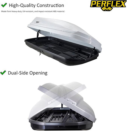 Perflex Exclusive Rooftop Cargo Box Carrier Large 17.7 Cubic Feet Car Top Mount Travel Luggage Storage, Dual Side Opening, 130 Lbs Weight Capacity, Extra Keys, Straps (White)
