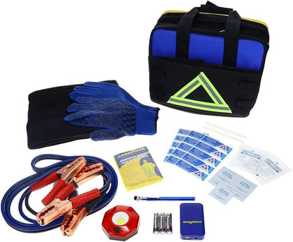 Goodyear GY5011 Safety and Storage Kit 2 in 1 Car Accessories for Women and Men, First Aid Roadside Assistance Kit with Jumper Cables, Emergency Power Bank, Tire Gauge, Warning Triangle, and Blanket