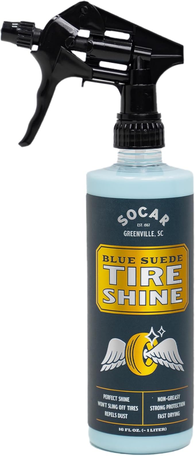 SOCAR Blue Suede Tire Shine Spray & Protectant. New-Tire Smooth Shine. for Rubber, Vinyl, Plastic, Leather, 16 fl oz. UV Protection, No Sling, for Cars, Motorcycles, RVs.