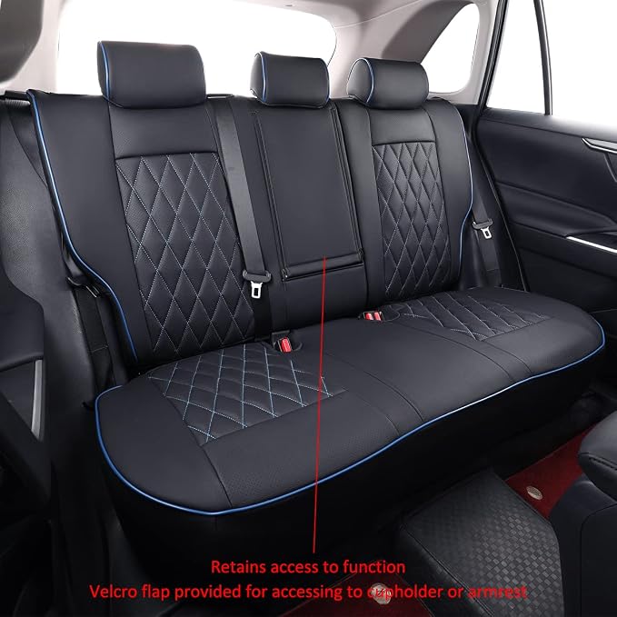 EKR Rav4 Seat Covers Custom Fit for Toyota Rav4(Gasoline) 2019 2020 2021 2022 2023 2024 2025 LE/XLE/XLE Premium/Limited,Leather Car Seat Cover Full Set for SUV,Faux Leather(Black with Blue Piping)