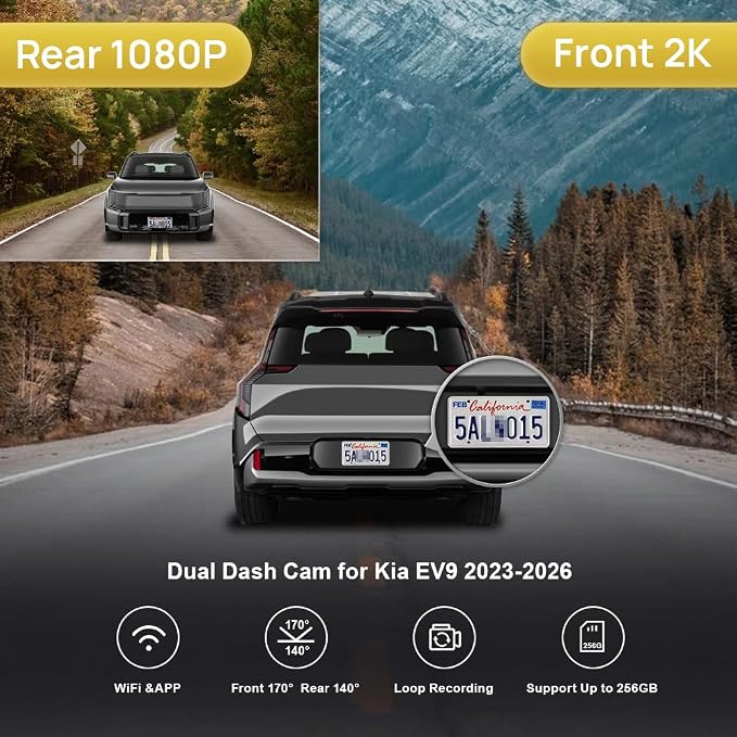 Fitcamx 2K Dual Dash Cam Suitable for Kia EV9 2023-2026 Wind Land GT-Line (Part No#DO000), OEM Style, Front 1440P+Rear 1080P Video, Loop Recording, Built-in WiFi&APP, G-Sensor, Easy to Set, 64GB Card