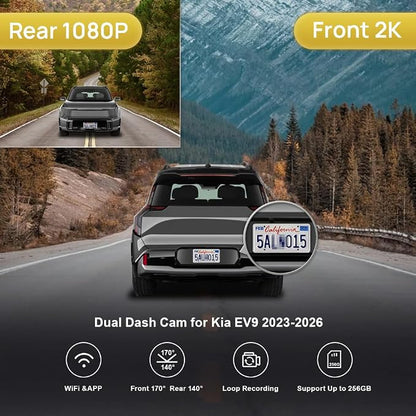 Fitcamx 2K Dual Dash Cam Suitable for Kia EV9 2023-2026 Wind Land GT-Line (Part No#DO000), OEM Style, Front 1440P+Rear 1080P Video, Loop Recording, Built-in WiFi&APP, G-Sensor, Easy to Set, 64GB Card