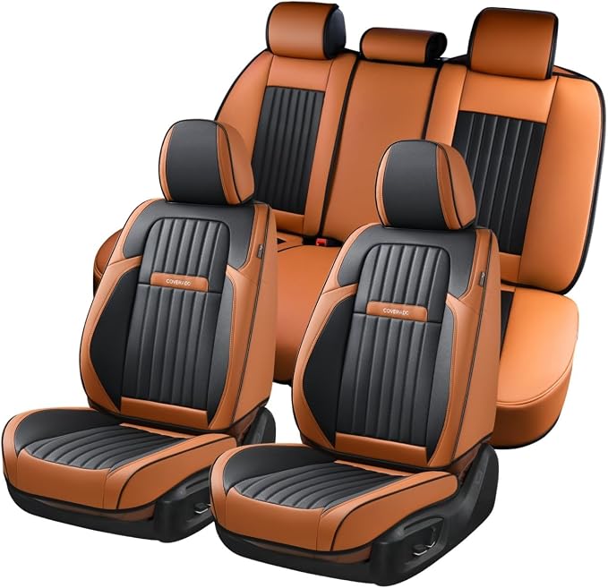 Coverado Car Seat Covers Full Set, Car Seat Protector Car Seat Cushion, Nappa Leather Seat Covers for Cars, Front and Back Seat Protectors Cushions Universal Fit for Most Cars Vehicles(Brown&Black)