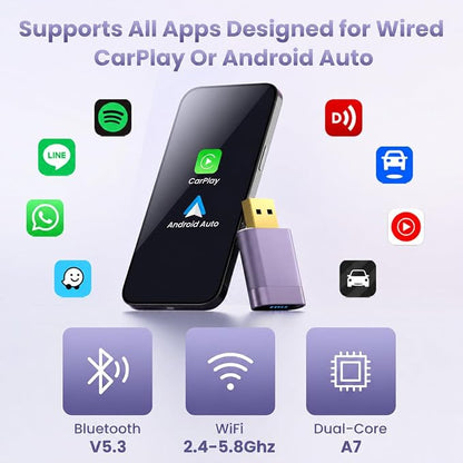 Mini Wireless CarPlay Adapter for Apple & Android Auto, Easy to Use Bluetooth Dongle with Fast Stable Connection, Converts Wired to Wireless Car Play Adapter, for Cars from 2016 with USB-A/C
