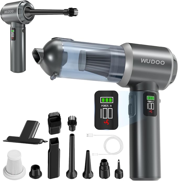 WUDOO 4-in-1 Car Vacuum Cleaner Portable Cordless Dust Remover 20,000 Pa Brushless Motor Powerful Handheld Wireless Charging Vacuum Cleaner LED Light, Multi-Nozzles for Car, Home, Office, Pet