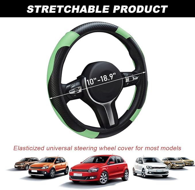 DXNQ Car Steering Wheel Cover, 15 Inch Carbon Fiber Leather Stitching Color Steering Wheel Protector, Anti-Slip Elastic Breathable Steering Wheel Cover Stylish Decor for Most Cars (Green)