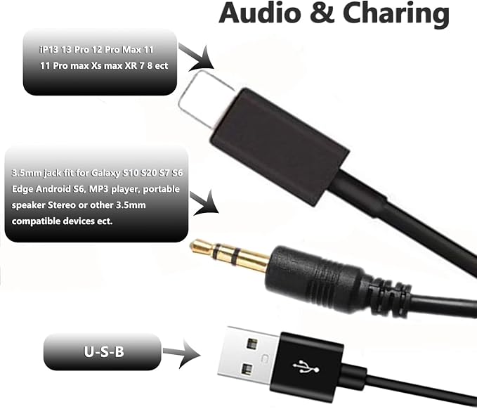 Auxillary Input Connector Car AUX Cable Stereo 3.5mm Interface Compatible with 1 3 5 Series X6 Z4 e39 e85 Y Cable for 14 Pro 13 12 11 Pro Max X X 8 7 7 Plus 6 6S Plus (A)