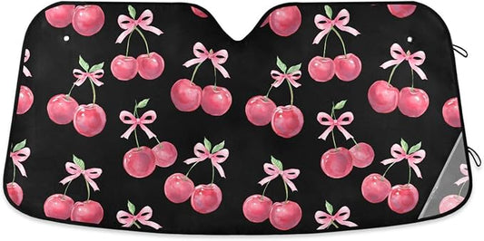 Watercolor Cherry Bow Windshield Sun Shade for Car Auto SUV Truck Foldable Front Window Sunshade Sun Visor Protector Block UV Rays Reflect Heat, 55" x 28"