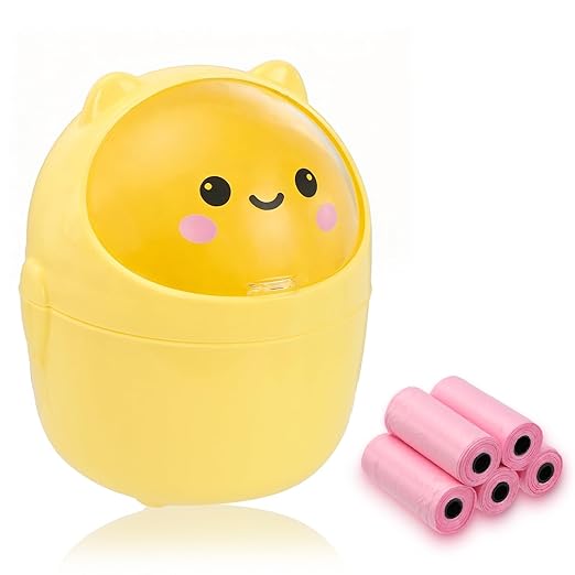 Mini Trash Can, Cute Small Trash Can with Lid, Desktop Paper Bin with 5 Rolls of Bin Liners, Portable Tabletop Dustbin, Cartoon Animal Rubbish Storage for Office Bedroom Desk Kitchen(Yellow)