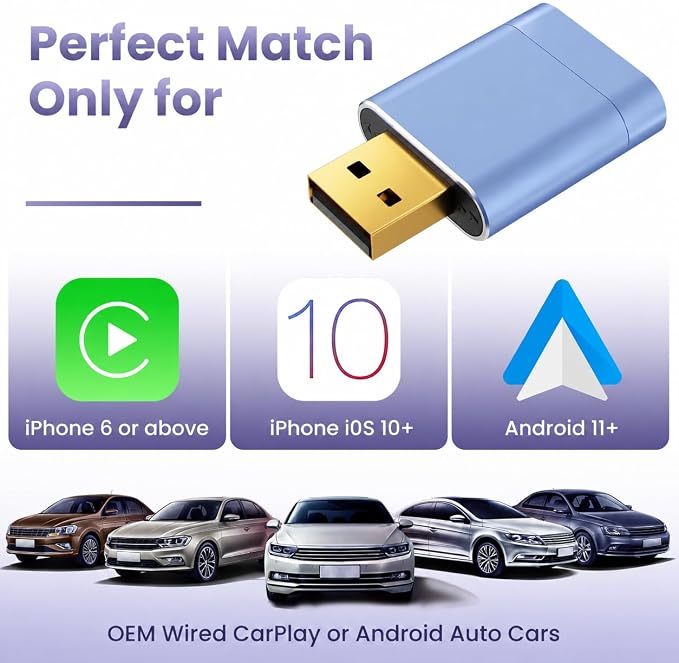 Mini Wireless CarPlay Adapter for Apple & Android Auto, Easy to Use Bluetooth Dongle with Fast Stable Connection, Converts Wired to Wireless Car Play Adapter, for Cars from 2016 with USB-A/C