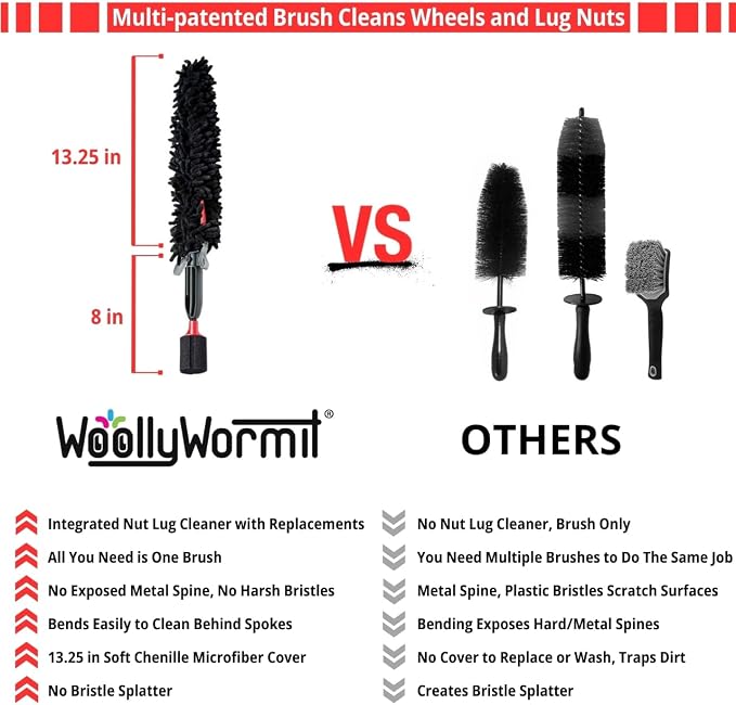 Woollywormit Wheel Cleaning Brush Car Detailing Kit - Rim Brush, Lug Nuts and Wheel Cleaner Brush Car Wash Kit -Tire Brushes for Cleaning Rims - Car Cleaning Supplies and Rim Cleaner Brush Set
