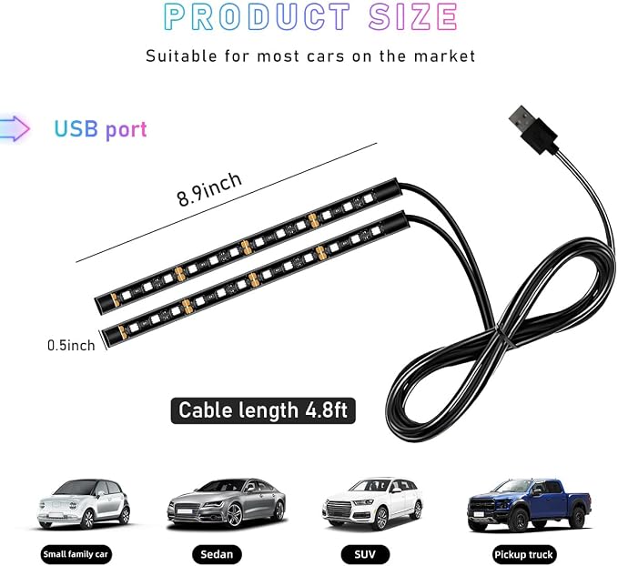 Ohleats Car LED Strip Light, 24 LED RGB Auto Interior Atmosphere Lights, USB Vehicle Under Dash Ambient Night Light Strip, Interior Decorative Lamp Lighting Kit Car Accessories (Blue)