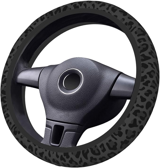 Black Leopard Print Cheetah Elastic Steering Wheel Cover for Women,Universal Auto Steering Wheel 14-15 Inch Car Interior Accessories with 2PCS Car Coasters,Suitable for Men and Women