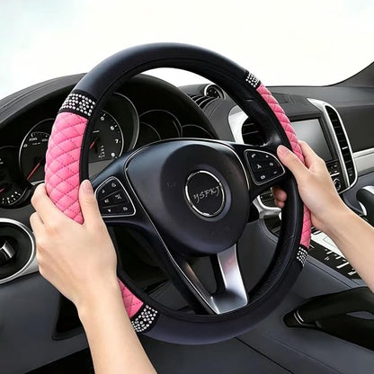 Soft Leather Car Steering Wheel Cover, Universal 15 Inch Colorful Rhinestones Anti-Slip Elastic Steering Wheel Covers for Most Cars, Sparkly Crystal Diamond for Women Girls (Pink)