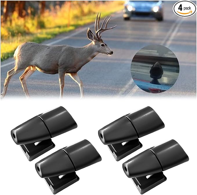 Car Deer Whistles, 4PCS Vehicle Deer Warning Devices with Adhesive Tapes, Automotive Horn Sensor Animal Repellent Alert Accessories, Universal for SUV Truck Motorcycles (Black)