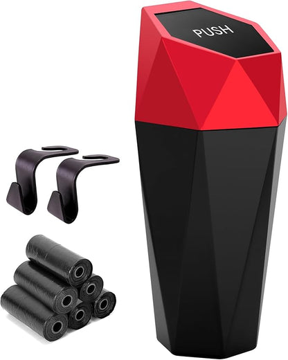 Ginsco Car Trash Can Cup Holder, Mini Car Trash Can with Lid, Car Accessories for Interior, Leakproof Small Trash Cup for Car, Home with Additional 2 ABS Hooks and 90pcs Trash Bags Red