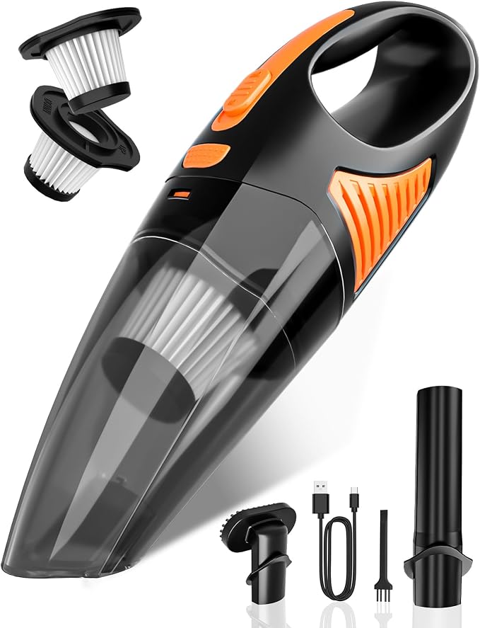 Handheld Vacuum Cordless, Rechargeable Car Vacuum Cleaner with Multiple Attachments, Portable Hand Held Vacuum Suction Power, Mini Vacuum for Car, Home, Pet Hair, Office, Desk, Keyboards Black Orange
