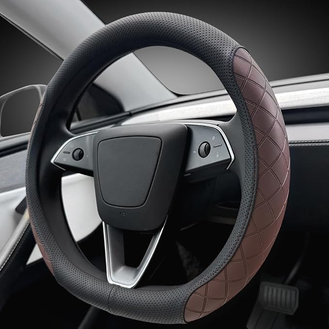 LKWLIKEI Leather Steering Wheel Cover. Elegant Diamond Checkered Design, Non-Slip and Breathable, for Tesla Model 3/Y Steering Wheel Protector,Black Brown