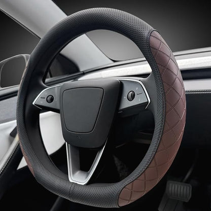 LKWLIKEI Leather Steering Wheel Cover. Elegant Diamond Checkered Design, Non-Slip and Breathable, for Tesla Model 3/Y Steering Wheel Protector,Black Brown