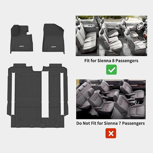 LASFIT Floor Mats for Toyota Sienna 8 Seats 2021-2025 2026 All Weather TPE Custom Fit Floor Liner for Toyota Sienna LE/XLE 8 Passenger Front and Rear Car Mats, Black