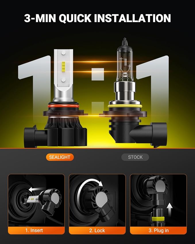 SEALIGHT 9006 LED Fog Light Bulbs Yellow, 600% Brightness 9006 HB4 LED Fog Light, 3000K Amber Strong Penetration 9006 Fog Light Led Bulb Yellow Replacement for Cars,Trucks(Pack of 2)
