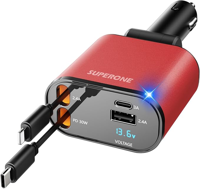 SUPERONE 【Upgraded】 Retractable Car Charger 4 in 1, Fast Car Phone Charger with Cord 2.6ft, USB C and Apple Car Charger Adapter, Compatible with iPhone 17/16/15/15 Pro Max/14/13/12/11, Galaxy, Pixel