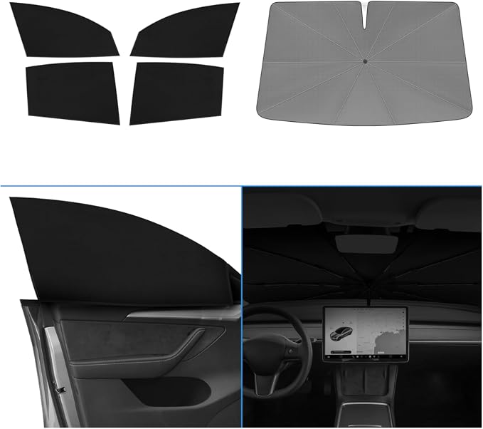 KUST Windshield Sun Shade Umbrella for Tesla Model Y 2020 2021 2022 2023 2024 (Not for Juniper) Rear Window Shades 100% UV Protection and Blackout Privacy 5PCS Car Window Covers Accessories