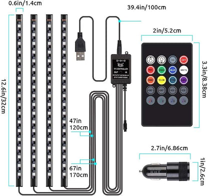 Car Interior Lights 72 LEDs, 4X Car LED Strip Lights Including Cigarette Charger, LED RGB Floor Car Lights with Music Changing Remote Control Decorative Atmosphere Ambient Lighting Kits