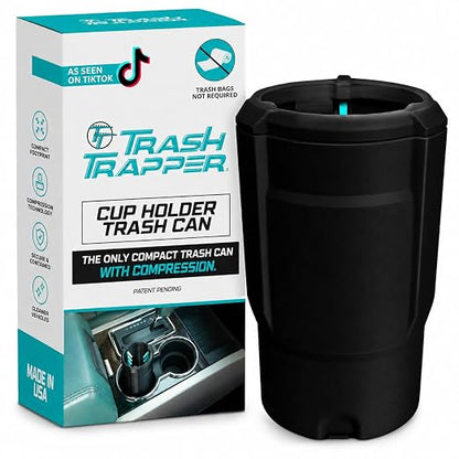 Trash Trapper Car Trash Can Cup Holder | Mini Car Trash Can | Fits in Most Doors | 5.1" x 2.9" | Traps More & Empties Less, Patent-Pending Compaction, Holds Weeks of Small Garbage, Black/Teal