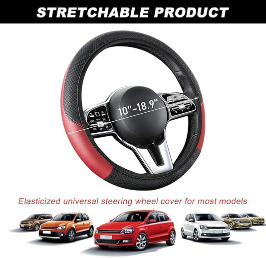 DXNQ Car Steering Wheel Cover, 15 Inch Carbon Fiber Leather Stitching Color Steering Wheel Protector, Anti-Slip Elastic Breathable Steering Wheel Cover Stylish Decor for Most Cars (Wine Red, AD)