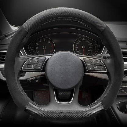 Carodi Suede Carbon Fiber Steering Wheel Cover Car Non-Slip Leather Car Interior Fitting 15-inch Universal（D-Shape,Black ）