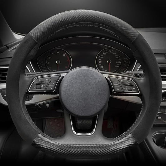 Carodi Suede Carbon Fiber Steering Wheel Cover Car Non-Slip Leather Car Interior Fitting 15-inch Universal（D-Shape,Black ）