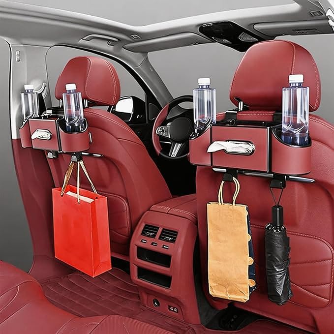 Back Seat Car Organizer,4 in 1 Multifunctional Car Back Seat Storage Box with Drink Cup Holder Tissue Box, for Hold Phone,Snacks, Drinks, Handbag-Red