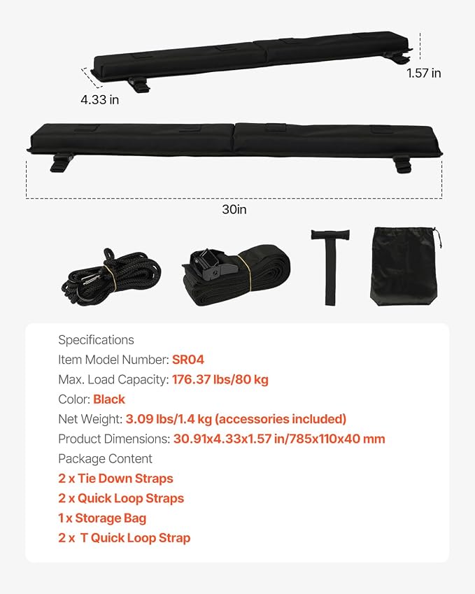 VEVOR Soft Roof Rack Pads, 30" Universal Car Roof Rack Pad for Various Crossbars, 176LBS Loading Luggage Kayak Carrier with 2 Tie Down Straps, 2 Quick Loop Straps & Storage Bag for SUP Canoe Snowboard