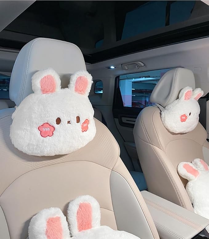 Cartoon Car Seat Cushion Lumbar Support Pillow and Neck Pillow, Cute Car Seat Pillow Headrest Pillow Back Support for Driving Fatigue Relief,for Office Chair Truck SUV (Rabbit Headrest)
