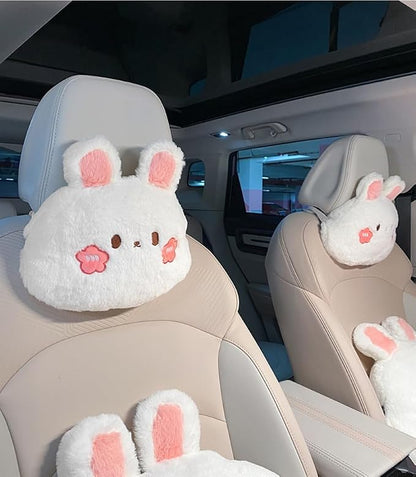 Cartoon Car Seat Cushion Lumbar Support Pillow and Neck Pillow, Cute Car Seat Pillow Headrest Pillow Back Support for Driving Fatigue Relief,for Office Chair Truck SUV (Rabbit Headrest)