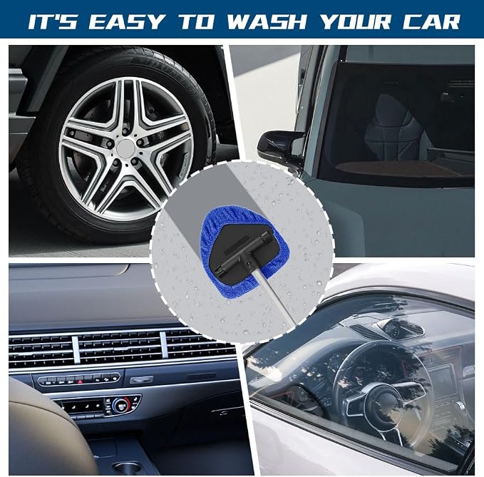 Car Wash Brush with Long Handle, Windshield Cleaning Tool, Car Washing Mop Kit Mitt Sponge Car Cleaning Supplies Kit, Microfiber Towel Gloves Universal for Cars RV SUV Truck Office (Blue)