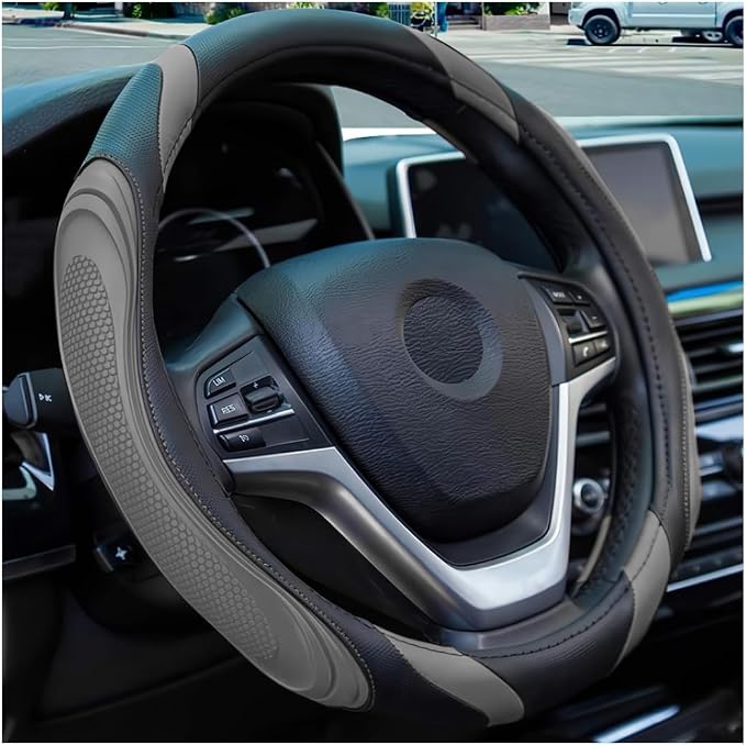 Osilly 15 Inch Car Leather Steering Wheel Cover, Automotive Accessories Elastic Breathable Anti-Slip Soft Wheel Protector Fits Men and Women, Suitable for SUVs, Trucks, Vehicles and RVs (Gray)