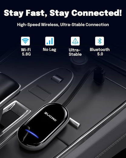 ZUCWO 2-in-1 Wireless CarPlay Adapter and Android Auto Adapter – Converts Wired to Wireless for Cars 2016+, Plug & Play, USB-A to USB-C for iOS10+/Android 11+
