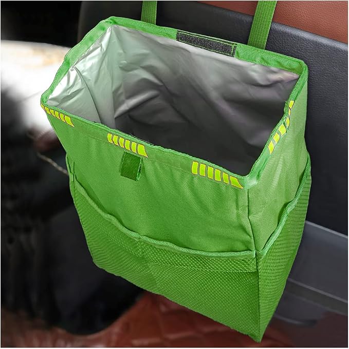 Fekey&JF Hanging Car Trash Can with Storage Pockets, Waterproof Leakproof Oxford Auto Garbage Bag, Multi-Use Organizer for Outdoor Traveling, Foldable Trash Bin for Truck, SUV, Car (Green)