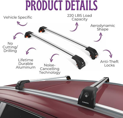 ERKUL Heavy Duty Roof Rack Cross Bars for Chevrolet Chevy Trax 2024-2026 | Upgraded 220 lbs Aero Aluminum Crossbars with Smart Clamp System | Compatible with Flush Rails - Silver