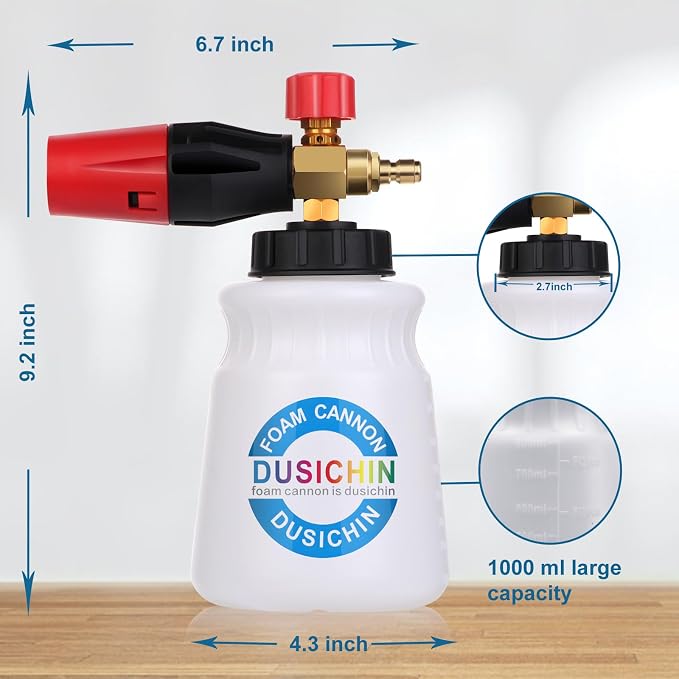 DUSICHIN Foam Cannon Snow Foam Car Washer 4000 PSI Pressure, Wide Neck Adjustable Nozzle 1L Container Additional 1.04mm Orifice Nozzle Soap Cannon for Sprayer Gun DUS2401