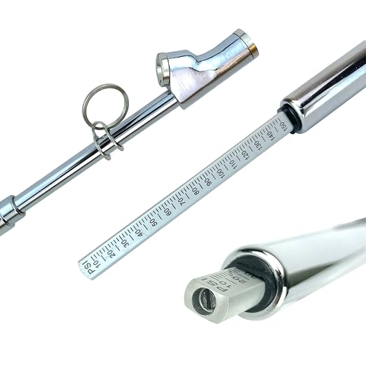 Haltec GA-155S-RCL-HD Recalibratable Dual Foot Truck Service Straight On and 30 Degree Angled Chrome Tire Air Gauge. Measures 10-150 PSI in 2 PSI Increments with Metal Indicator Bar.