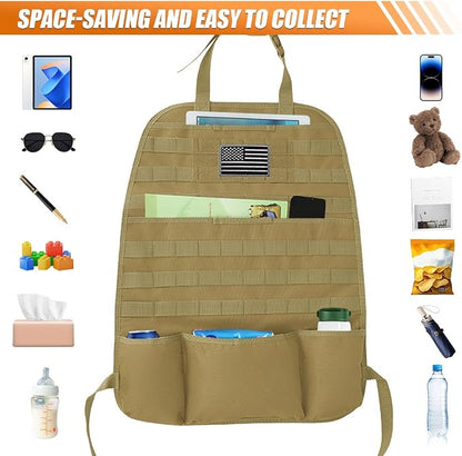 Tactical Molle Car Seat Back Organizer, Vehicle Panel Car Seat Back Cover Protector with 5 Storage Pouch, Universal Backseat Storage Organizer with USA Flag Patch for Car SUV Truck (Khaki-1 Pc)