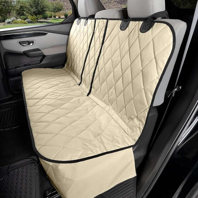 4Knines Dog Seat Cover for Back Seat, Heavy Duty Waterproof Rear Seat Protector for Large Trucks, SUVs, Cars - Fits 60/40 Split Bench with Middle Seat Belt, Non-Slip Backseat Cover (Extra Large, Tan)