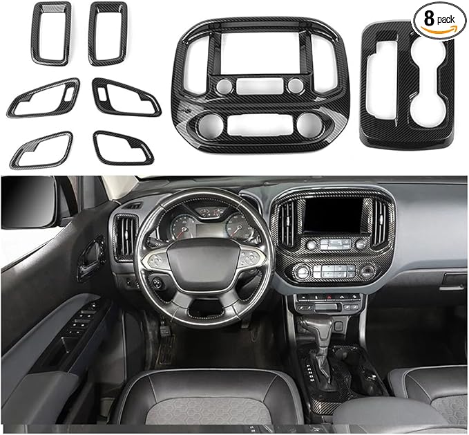 JeCar 8pcs Carbon Fiber Interior Accessories Trim Kit for 2014-2022 Chevy Colorado & GMC-Canyon - Center Console Gear Shift Cup Holer Cover, Dashboard Navigation Screen Panel Decoration Upgrade
