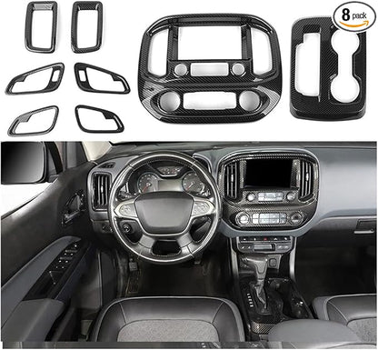 JeCar 8pcs Carbon Fiber Interior Accessories Trim Kit for 2014-2022 Chevy Colorado & GMC-Canyon - Center Console Gear Shift Cup Holer Cover, Dashboard Navigation Screen Panel Decoration Upgrade