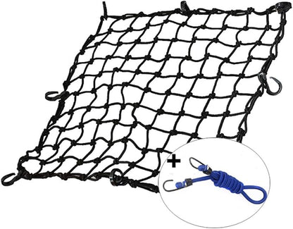 KOFULL 20" x 20" Cargo Net, Bungee net with 8 Hooks, Small Cargo net Stretches to 42" x 42", Cargo Netting with 2" x 2" Mesh for Motorcycle, Bike, ATV - Free 1 PC Luggage Fixed Strap Rope