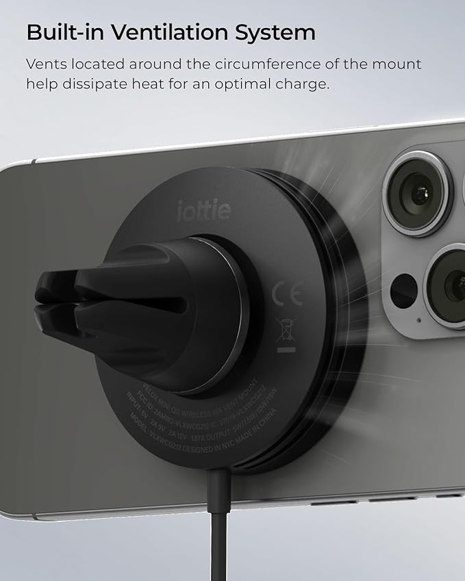 iOttie Velox Qi2 Mini Wireless Charging Car Mount - MagSafe Compatible Air Vent Phone Mount with 15W Charging for Qi2-enabled Smartphones Including iPhone 12,13,14,15,16 and 17. Car Charger Included.