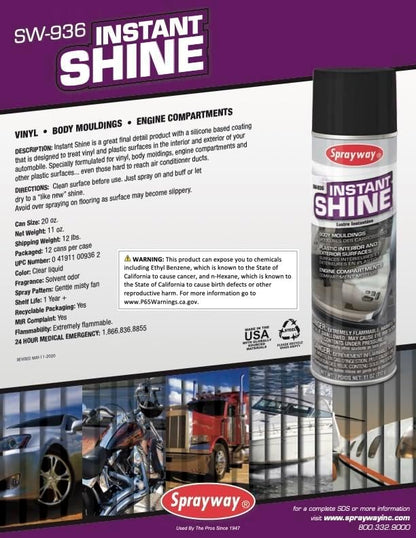 Sprayway SW936 Aerosol Instant Shine Vinyl Cleaner and Protectant, 11 oz.